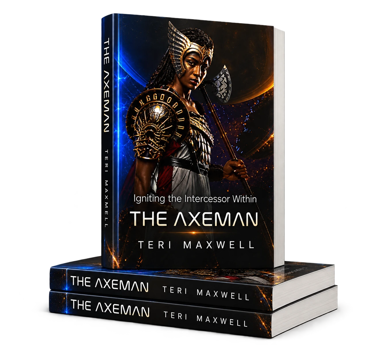 Three-dimensional mockup of The Axeman: Igniting the Intercessor Within by Teri Maxwell, standing on two stacked copies