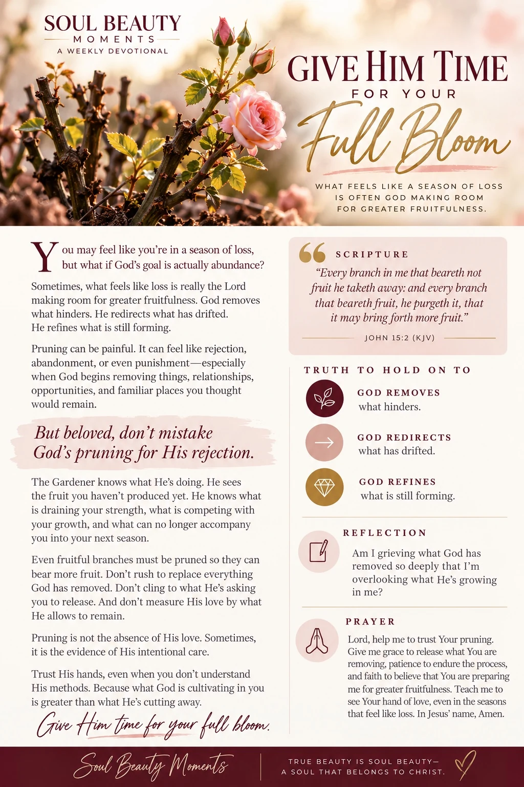 Give Him Time for Your Full Bloom — Soul Beauty Moments devotional with roses and John 15:2