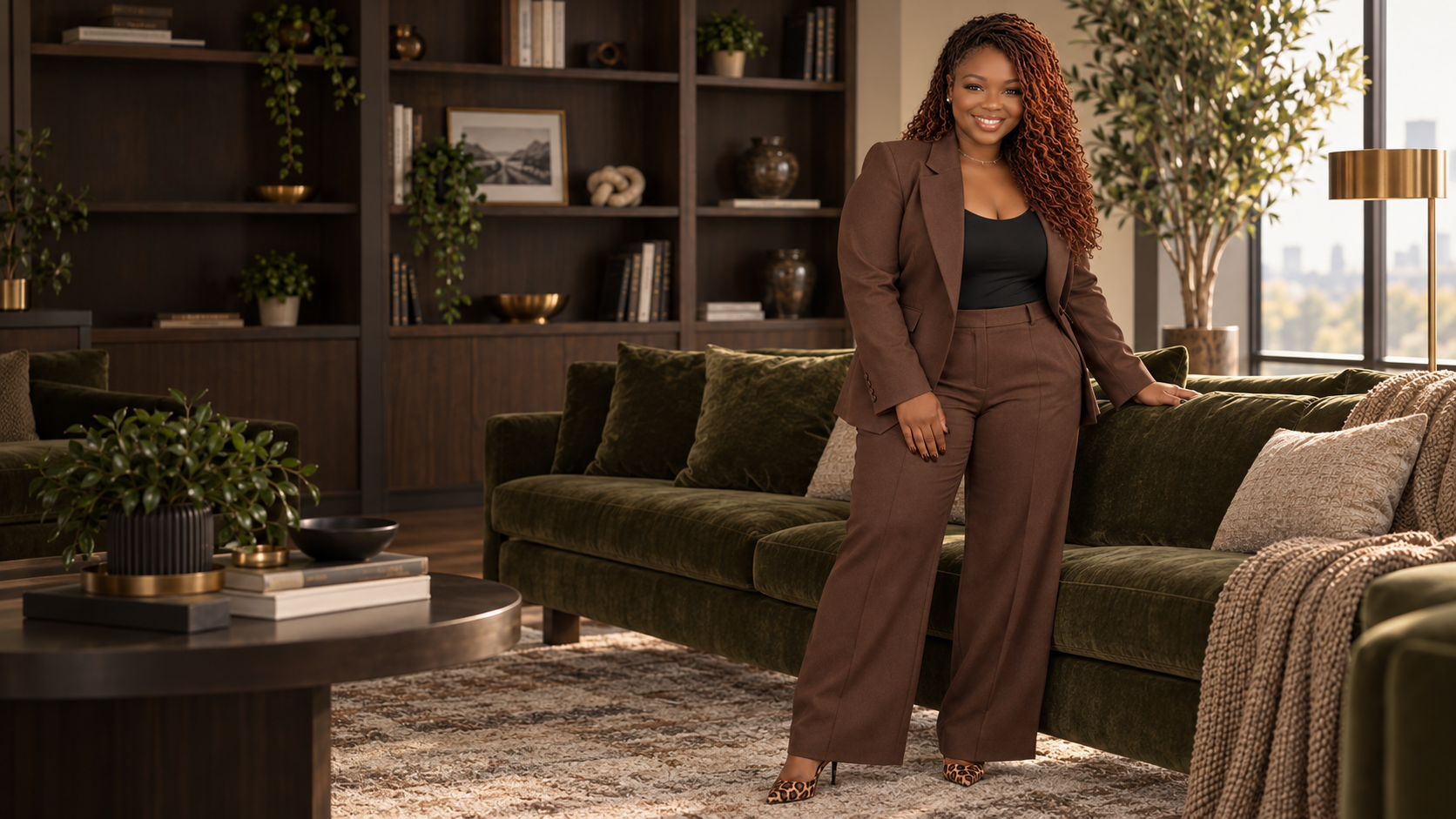 Teri Maxwell standing in an olive lounge, wearing a brown pantsuit